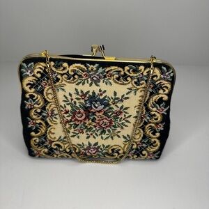Vintage Floral Tapestry Evening Bag – Kiss Lock Clutch with Chain | Made in Hong